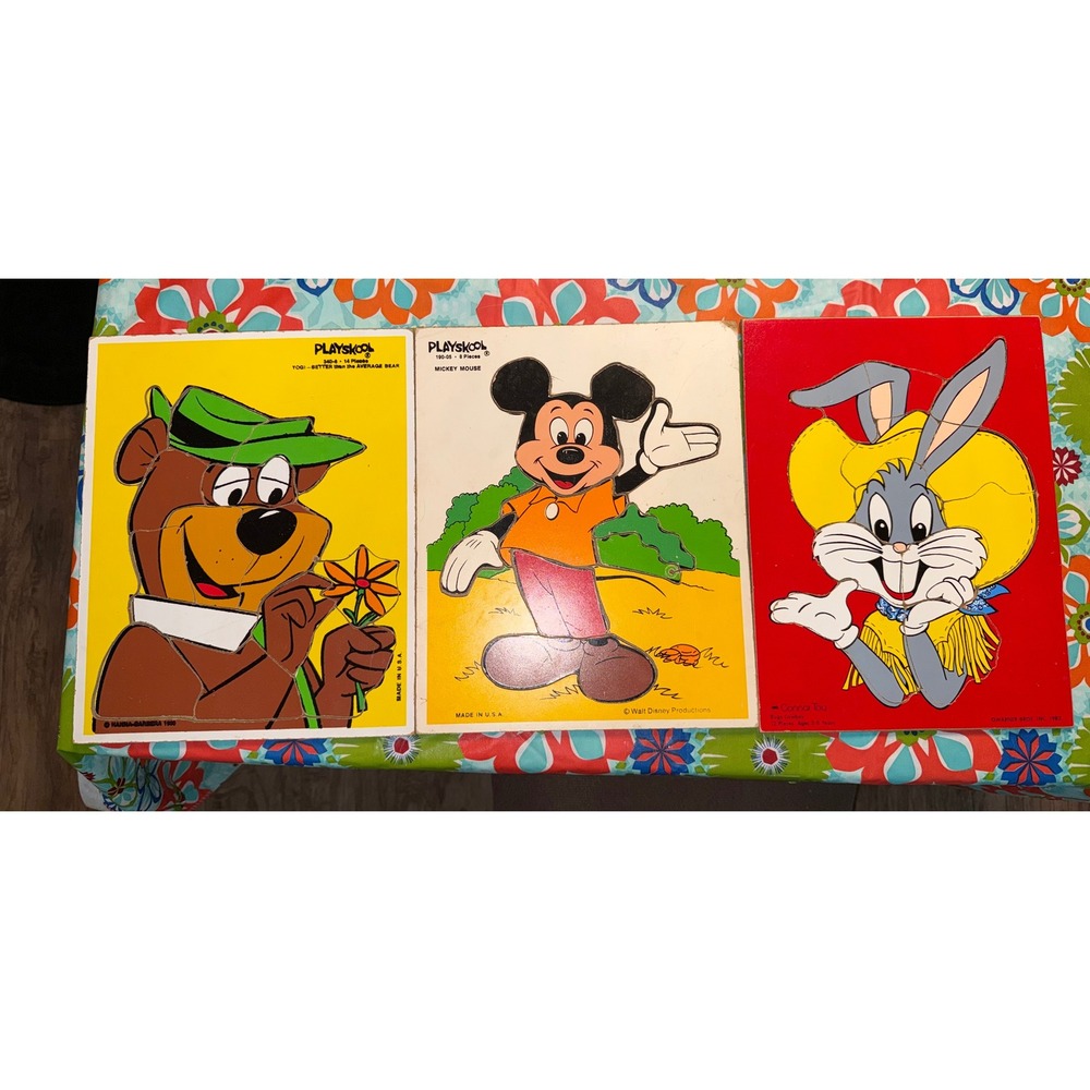 Vintage Playskool wooden Puzzles Yogi Bear Mickey Mouse Bugs Bunny Set of 3